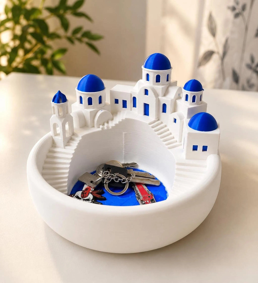 Greek Home Decor Key Bowl, Santorini-Inspired Catch-All Tray in White and Blue