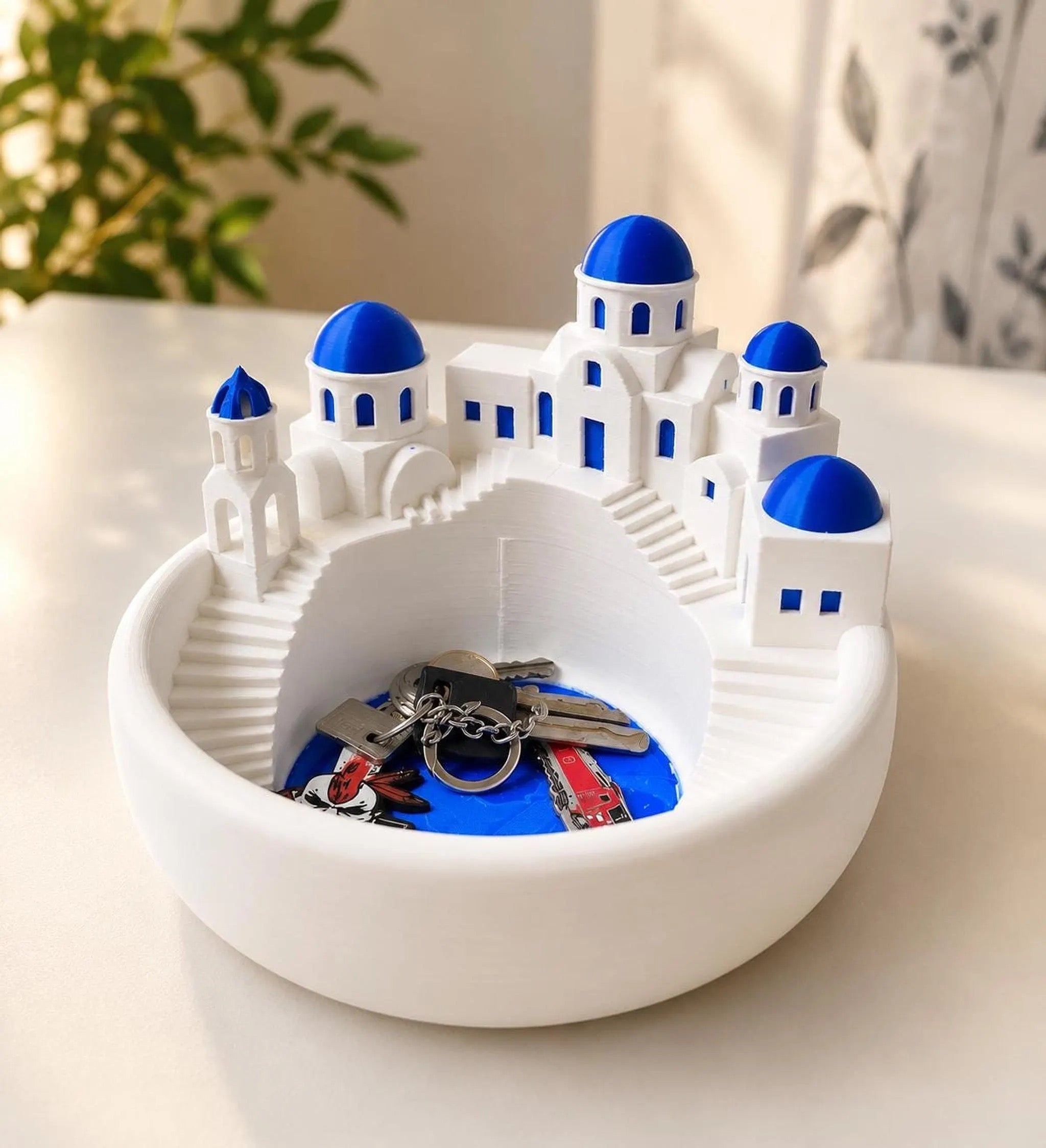 Greek Home Decor Key Bowl, Santorini-Inspired Catch-All Tray in White and Blue