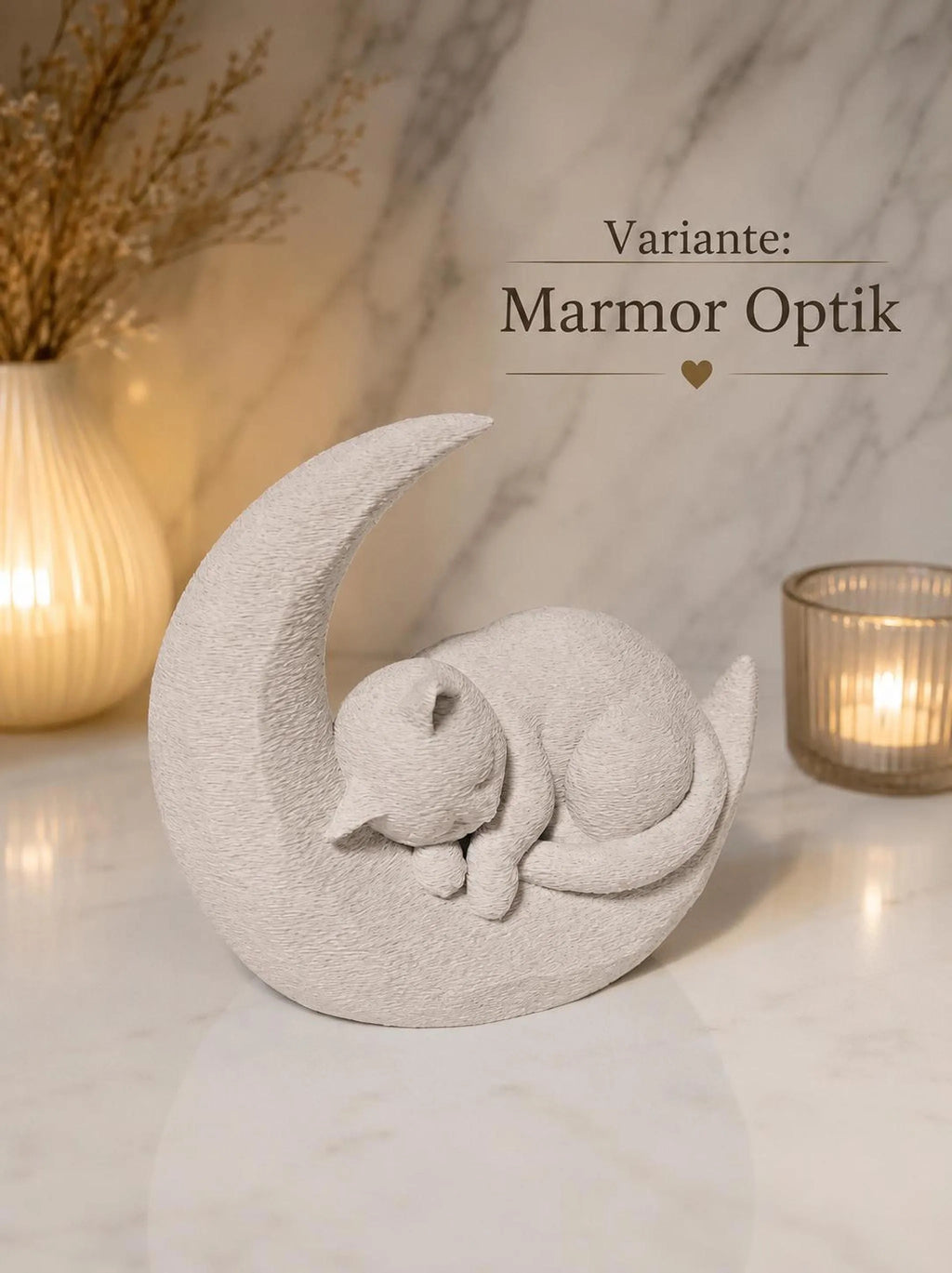 Sleeping Cat on Moon, 3D Printed Cat Figurine in Marble Finish