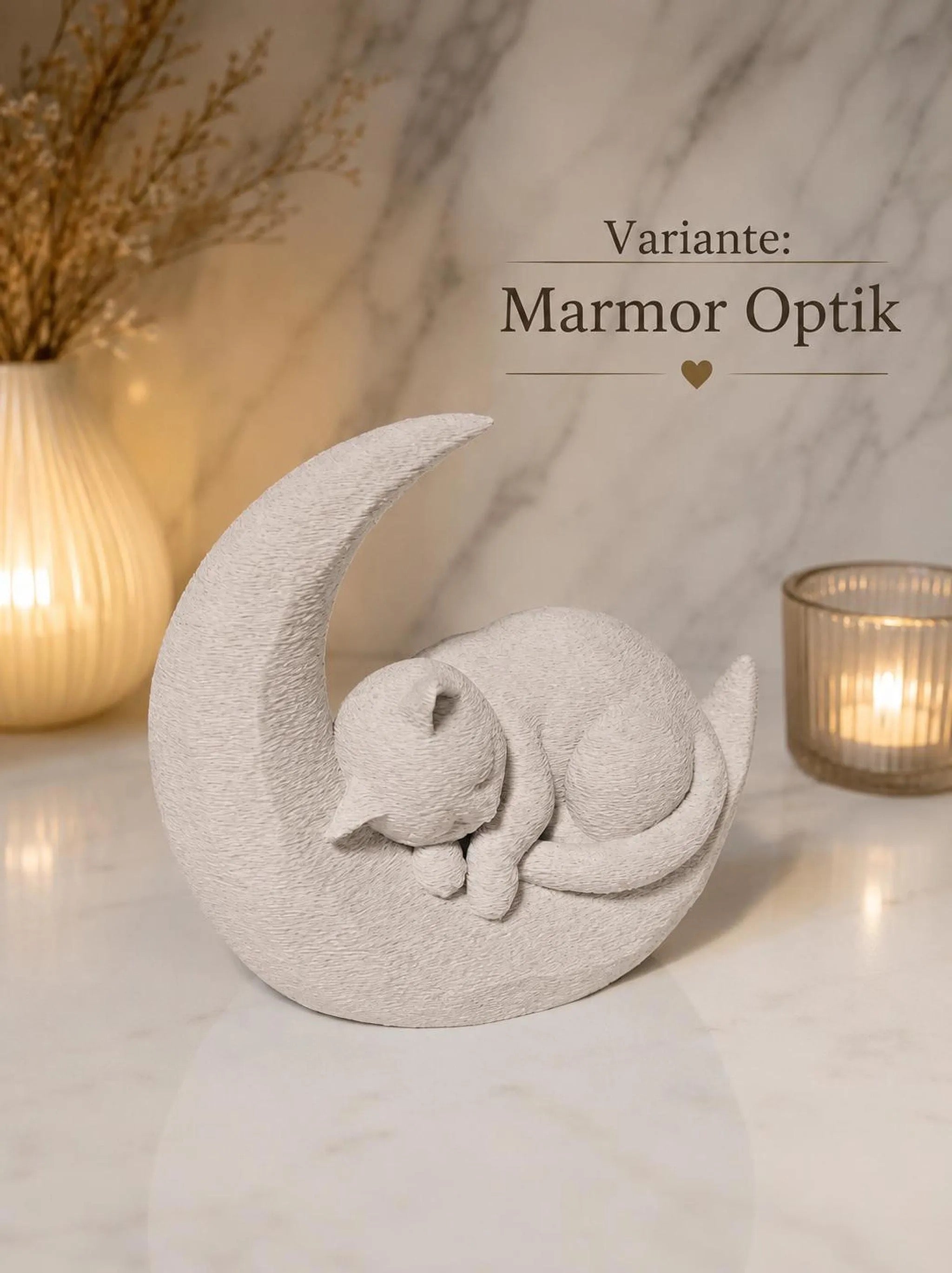 Sleeping Cat on Moon, 3D Printed Cat Figurine in Marble Finish