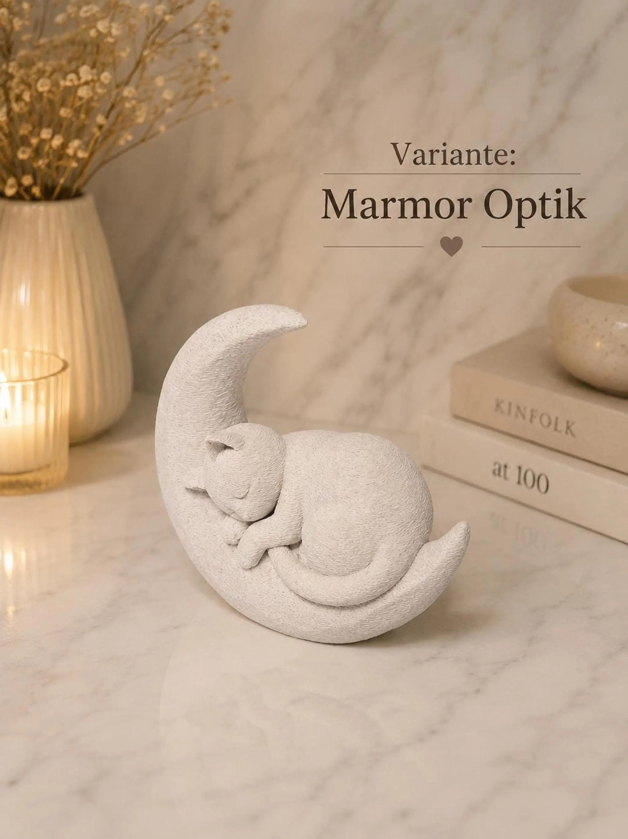 Sleeping Cat on Moon, 3D Printed Cat Figurine in Marble Finish