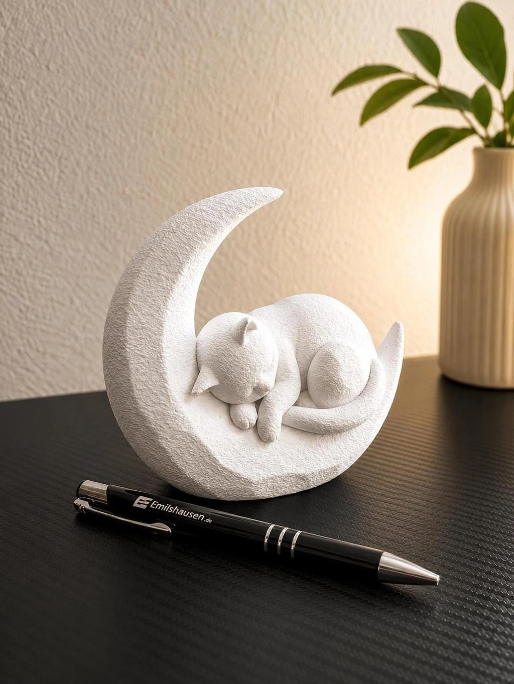 Sleeping Cat on Moon, 3D Printed Cat Figurine in Marble Finish