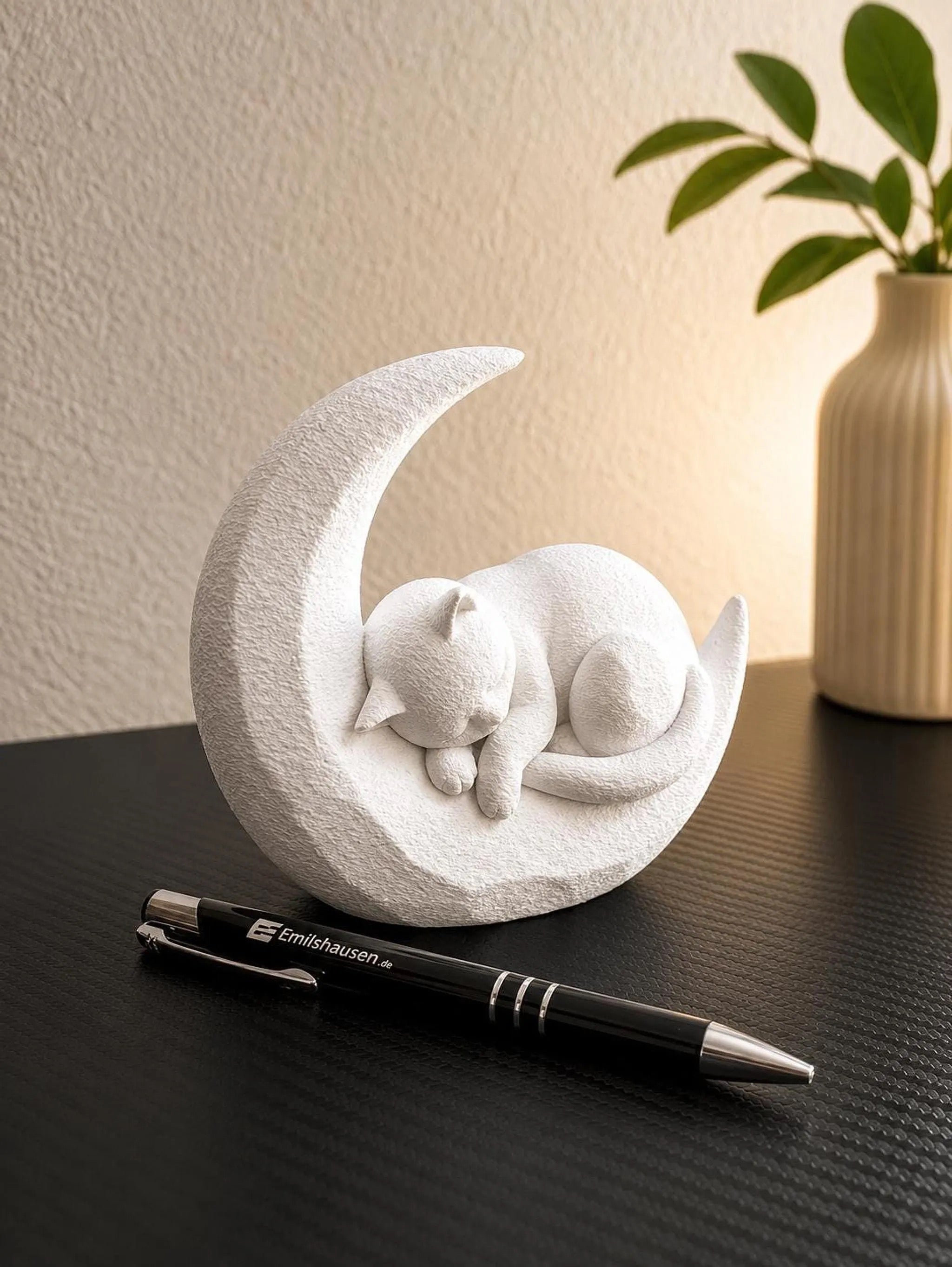 Sleeping Cat on Moon, 3D Printed Cat Figurine in Marble Finish
