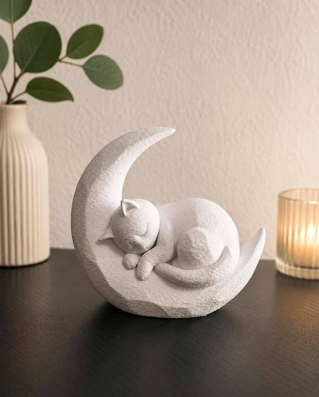 Sleeping Cat on Moon, 3D Printed Cat Figurine in Marble Finish