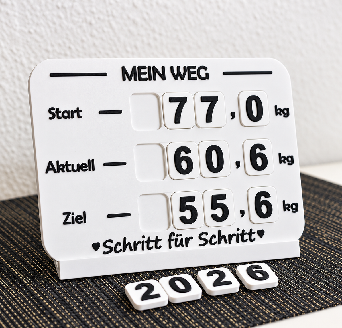 Gewichtstracker – Tafel mit austauschbaren Zahlen für Startgewicht, aktuelles Gewicht und Zielgewicht