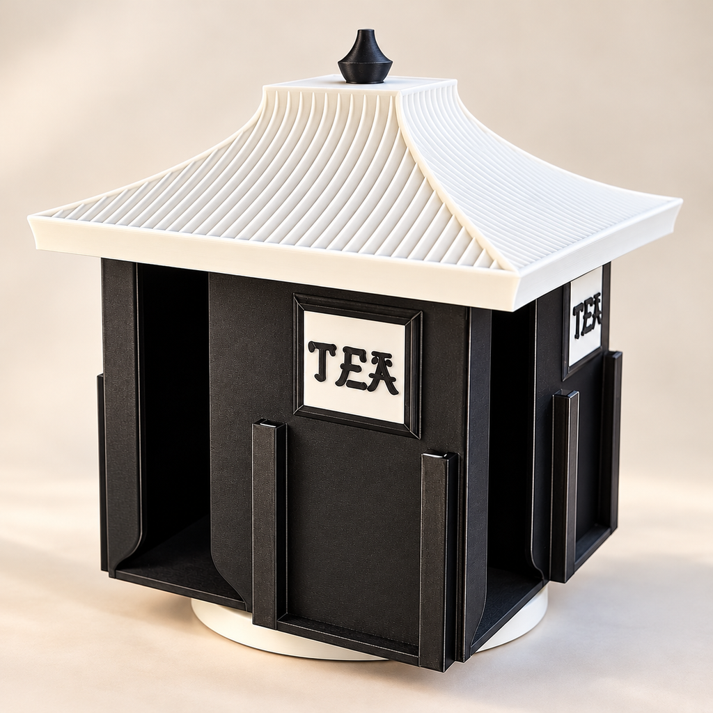 Drehbarer Tee-Organizer im Japanischen Pagodenstil 17x22x17 cm mit 4 Fächern und Individueller Farbauswahl 3D-Druck PLA/PETG