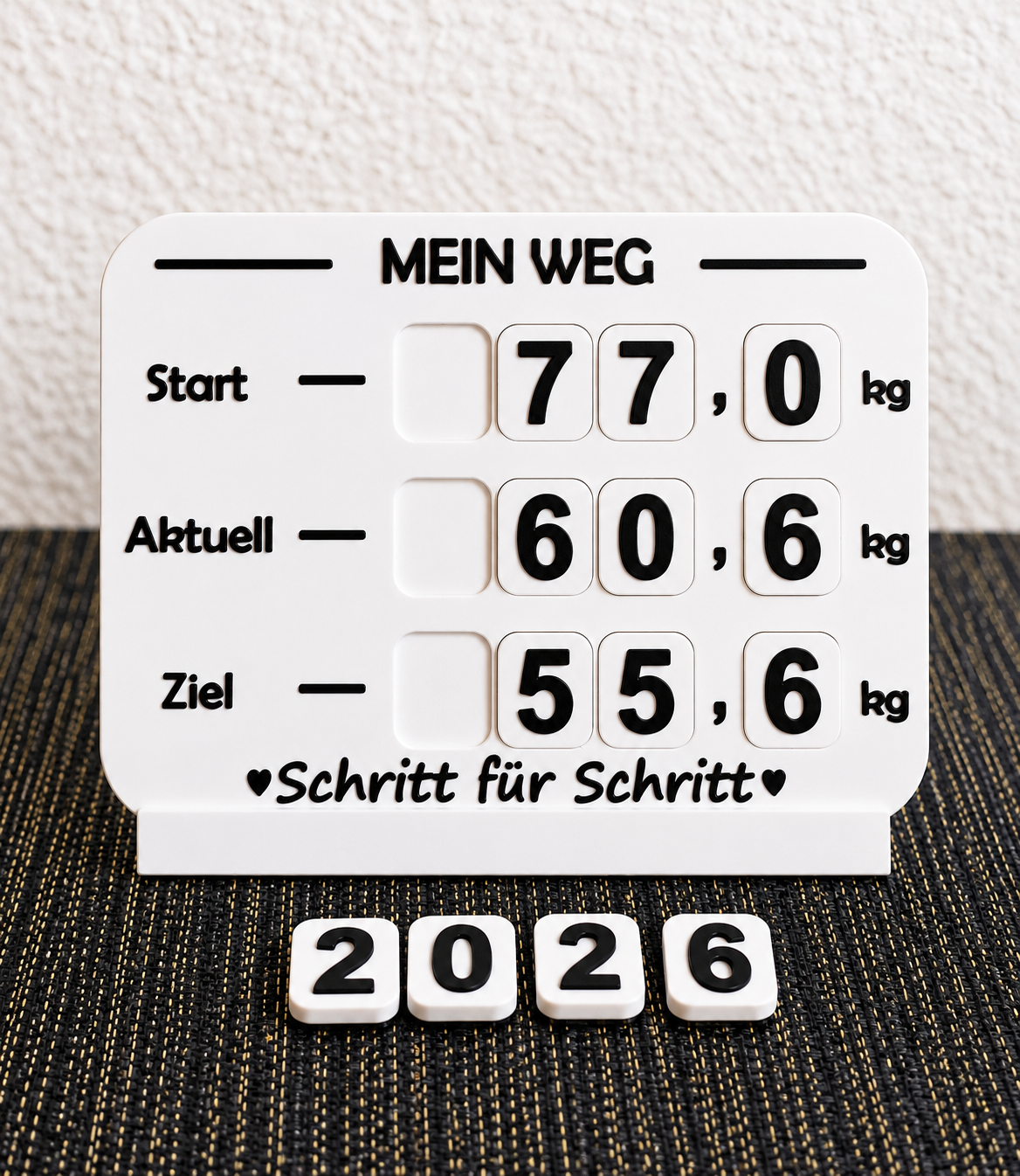 Gewichtstracker – Tafel mit austauschbaren Zahlen für Startgewicht, aktuelles Gewicht und Zielgewicht