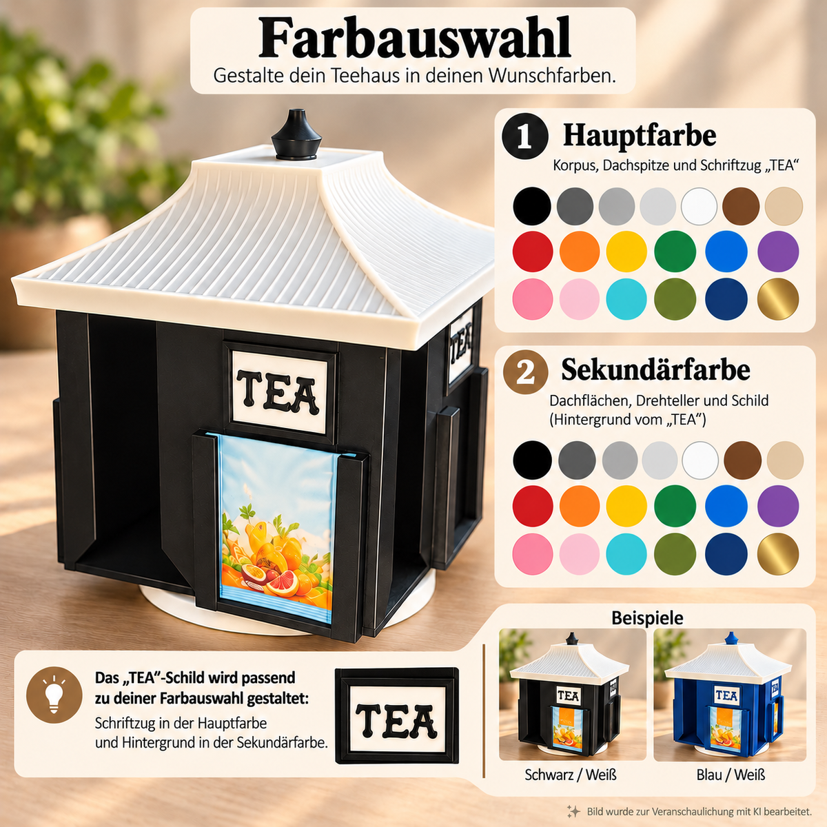 Drehbarer Tee-Organizer im Japanischen Pagodenstil 17x22x17 cm mit 4 Fächern und Individueller Farbauswahl 3D-Druck PLA/PETG